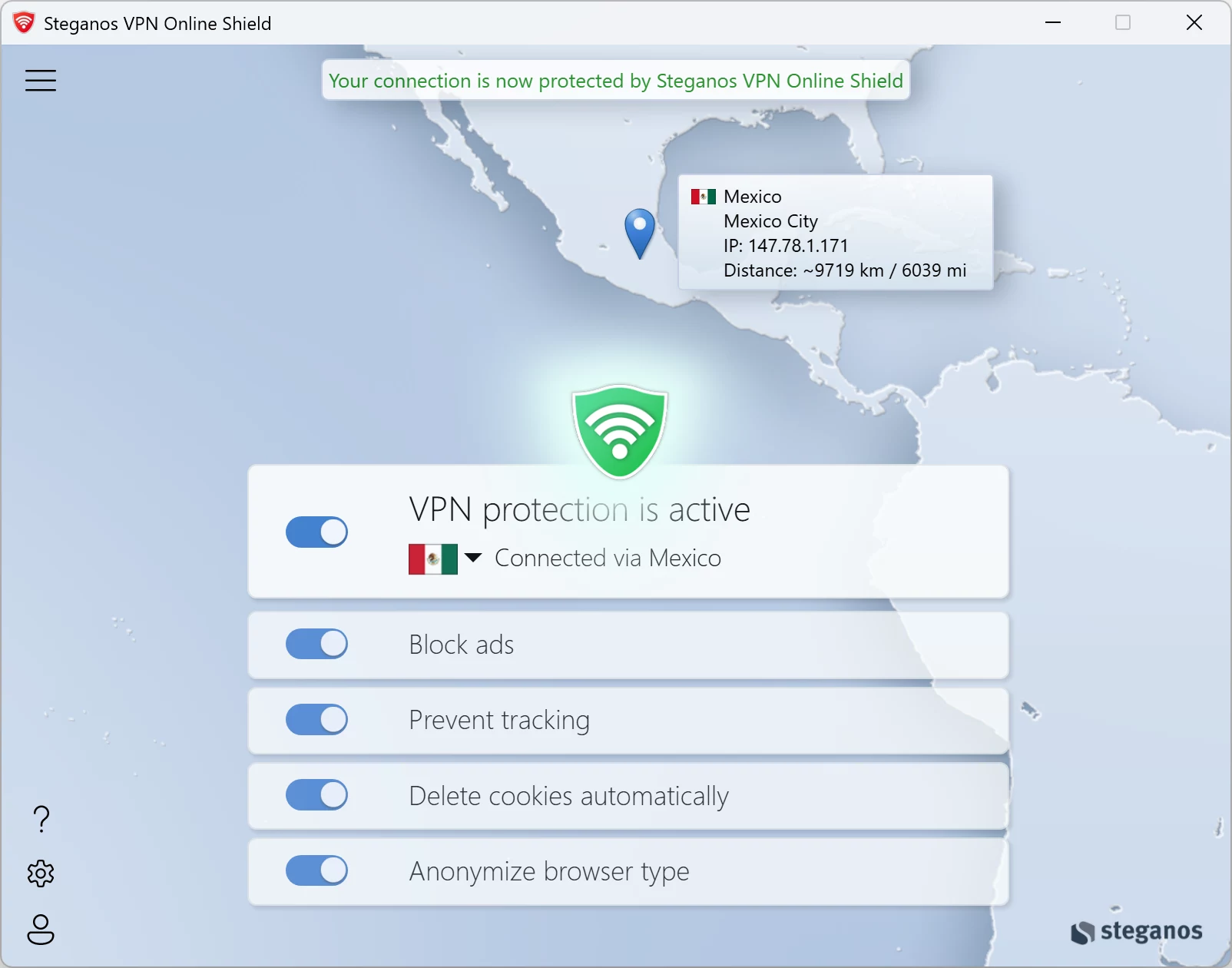 Steganos VPN Online Shield &ndash; четыре переключателя защиты в приложении для Windows
